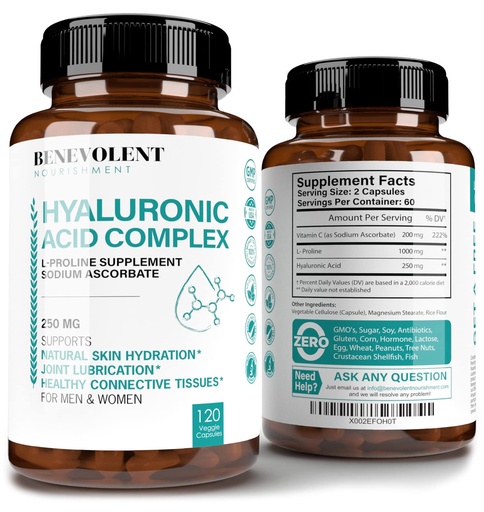 [BRSWYYD5CICAK3L5] Hyaluronic Acid Supplements 250mg with 200mg Vitamin C, 1000mg L-Proline & Anti-Aging Benefits, Hyaluronic Acid Capsules for Youthful Skin, Joints & Connective Tissue Health - 120 Capsules