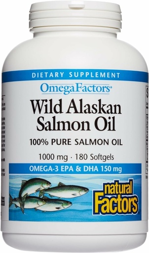 [BRSWIYQKCIMBQHY5] Factores naturales Aceite Salvaje de Salmón de Alaska proporciona Omega-3, EPA, DHA &amp; Vitamina D, apoya la salud cerebral y cardíaca, 180 Softgels