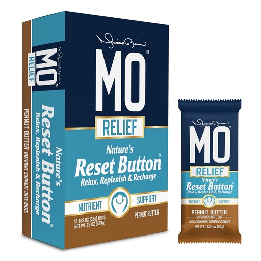 [BRSRMFL7AEBRUDTG] "MO RELIEF" BARS – All-Natural Superfood Snack Bar - Recovery Snack Bars – After Workout Nutrient Support with Dates, Chamomile, Turmeric, & Ginger - (12 bars in a box)(Peanut Butter)