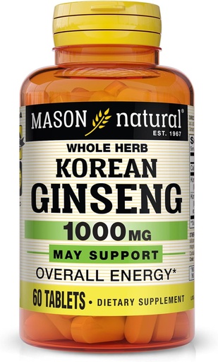 [BRSWIZT2OIDQAFLU] MASON NATURAL Korean Ginseng 1,000 mg, Supports Energy, Endurance & Vitality, 60 Tablets