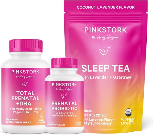 [BRSROHTRARYR42A7] Pink Stork Pregnancy Bundle: Prenatal Vitamin with DHA & Folate, Prenatal Probiotics for Pregnant Women, Melatonin-Free Sleep Tea, Pregnancy Must Haves for Each Trimester, Set of 3