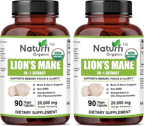 [BRSRAYL5CF7AEH35] USDA Organic Lion's Mane 20:1 Extract, 20,000 mg Strength, 35% Polysaccharides, 180 Vegan Capsules, 90 Day Supply, Standardized and Concentrated 20X Extract, All-Natural and Non-GMO