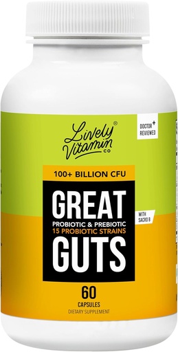 [BRSRAFL4AUMBAF3U] LIVELY VITAMINE CO. Great Guts Probiotic - 100 miljard CFU Probiotic - Balance Gut Microbiome, GI Tract, Ontsteking, Indigestie, Reflux, Stoute maag, & diarree - 60 capsules