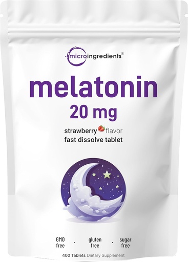 [BRSWGAAQOZ6GAEQY] Micro Ingredients Melatonin 20mg, 400 Tablets | Natural Strawberry Flavor | Fast Dissolve | No Drug | Vegetarian Friendly | Non-GMO, No Gluten, Sugar Free
