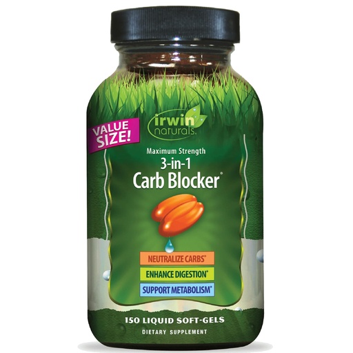 [BRSWIED6OJ6WICD4] Irwin Naturals Maximum Strength 3-in-1 Carb Blocker - Neutralize Carbohydrates, Aids Digestion and Metabolism Booster - White Kidney Bean Extract + Chromium + Enzyme Blend - 150 Liquid Soft-Gels