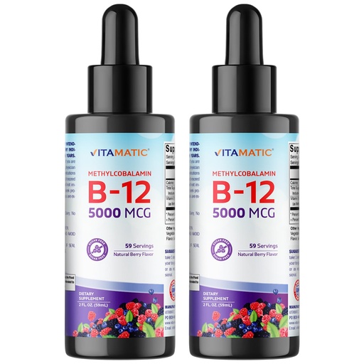 [BRSRO2QLA4NWEELA] Vitamatic 2 Packs Fast Acting Liquid Vitamin B12 5000 mcg (Methylcobalamin) - Natural Berry Flavor - Sublingual Supplement - Faster Absorption - 2 OZ