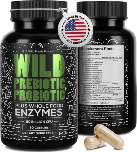 [BRSWYZQBCMAR4AD2] Wild Prebiotics and Probiotics with Digestive Enzymes | 20 Billion CFU - 10 Strains for Women & Men | Support Gut Health & Digestion Supplements | Non-GMO Prebiotic Fiber | 30 Capsules