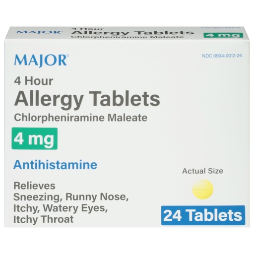 [BRSWK2QLDJ4GGEYZ] MAJOR 4 Hour Allergy Tablets - Chlorpheniramine Maleate 4mg - Antihistamine - 24 Count (1 Pack)