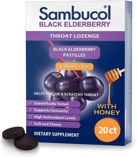[BRSWKYIGCIAGEYD6] Sambucol Black Elderberry Throat Lozenge - Sambucus Elderberry Lozenges With Vitamin C, Zinc & Honey, Helps Soothe a Scratchy Throat, High Antioxidants, Gluten-Free - 20 Count
