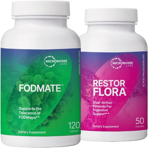 [BRSRMZAYA57A2H3X] Microbiome Labs RestorFlora Probiotic Supplement, Saccharomyces & Spore-Based Probiotics (50 Capsules) + FODMATE Digestive Enzymes to Help Break Down FODMAPs (120 Capsules) - 2 Product Bundle