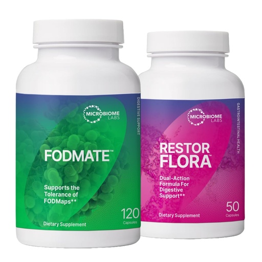 [BRSRMZAYA57A2H3X] Microbiome Labs RestorFlora Probiotic Supplement, Saccharomyces & Spore-Based Probiotics (50 Capsules) + FODMATE Digestive Enzymes to Help Break Down FODMAPs (120 Capsules) - 2 Product Bundle