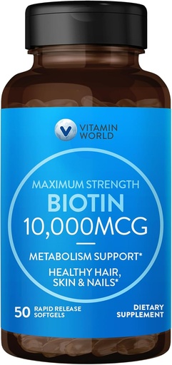 [BRSWGEI2BACA2DTK] Vitamin World Ultra Mega Biotin 10,000 mcg. 50 Softgels, Vitamin B, Supports Healthy Hair, Skin and Nails, Rapid-release, Gluten Free