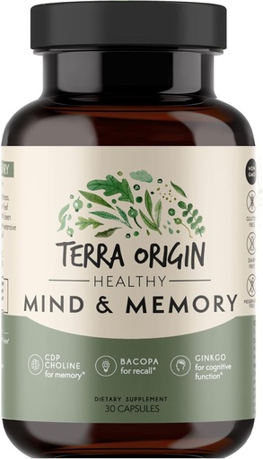 [BRSW2BDRAB5BOHLP] TERRA ORIGIN Healthy Mind and Memory Support Supplement | Cognitive Memory Matrix | Nootropic CDP, Bacopa, L-Tyrosine, Huperzine A, Ginko, B12 | Non GMO, Gluten Free, Dairy Free | 30 Capsules