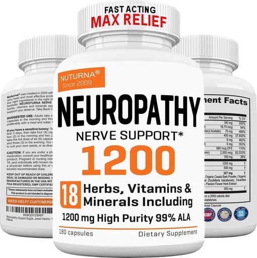 [BRSWYFQTOR6A4GTA] Neuropathy Support Supplement with 1200 mg HP-99 Alpha Lipoic Acid - Max Strength ALA Nerve Formula for Feet Hands Fingers Legs - Ultra Potent 18 in 1 Natural Nerve Vitamins - 180 Capsules