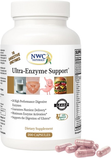 [BRSWIYYKCQPBSD3M] NWC Naturals Ultra-Enzyme Support, Natural Digestive Supplement, Promotes Optimal Health and Digestion, 200 count Capsules