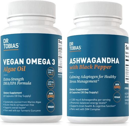 [BRSRA2Q5DEJWOEI6] Tobias Vegan Omega 3 Algae Oil and Ashwagandha Capsules, apoia a resiliencia, a saúde inmune e o benestar global, non-GMO, Vegan