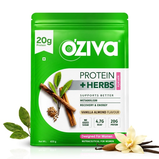 [BRSWGGT5CMJQMYL5] OZiva Protein & Herbs for Women, No Added Sugar, Vanilla Almond, 400g