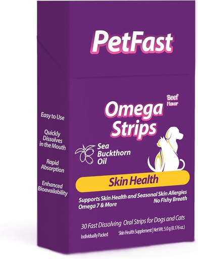 [BRSRAGDYAVYRSHTO] Omega Strips para cans e gatos, Beef Flavor, Saúde da pel, Aceite de Buckthorn de mar, 30 raias disolvidas, promove a saúde da pel, soporta alerxias estacionais da pel, soporte do sistema inmunitario