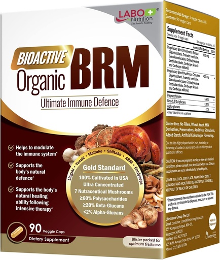 [BRSW2ZADCINQOC3V] LABO Nutrition Bioactive Organic BRM - Advanced Immune Support & Maintain Natural Killer Cell Activity; 6 Therapeutic Mushrooms Lingzhi, Yunzhi, Maitake, Shiitake, Agaricus Blazei Murill & Cordyceps