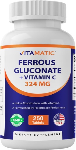 [BRSRAAQHBUIRG3Q2] Vitamatic Ferrous Gluconate 324 mg + Vitamin C 100 mg - No Artificial Color Additives - Gentle on Stomach - 250 Tablets - Made in USA