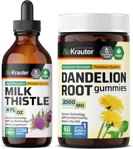 [BRSRAGL6BMORQCQ4] BIO KRAUTER Milk Thistle Tincture 4 Fl. Oz. " Dandelion 60 Gummies