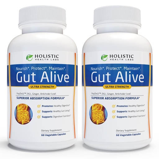 [BRSRMAYBDIJQIE3F] Holistic Health Labs Gut Alive - All Natural Support to Fight IBS, Heartburn, Acid Indigestion, Acid Reflux, Bloating & Gas. Unique Formulation (60 Count (Pack of 2))