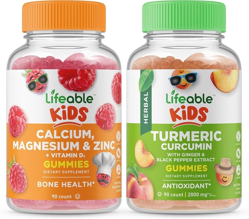 [BRSROZIRBEFQ22DH] Lifeable Calcium Magnesium & Zinc Kids + Turmeric Curcumin Kids, Gummies Bundle - Great Tasting, Vitamin Supplement, Gluten Free, GMO Free, Chewable Gummy