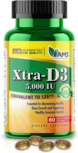 [BRSWYAT7O4NGOAAZ] America Medic & Science Xtra D3 Vitamin D 5,000 IU (125 mcg) Cholecalciferol Supplement for Men & Women (60 Easy to Swallow Softgels) Best for Bone, Heart Health, Immune System Support, Lung Function