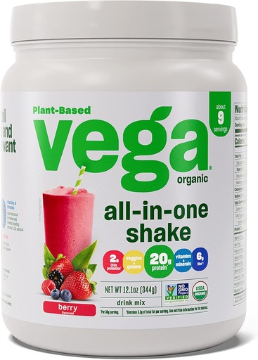 [BRSWG2YDAF7RYDYZ] Vega Organic All-in-One Vegan Protein Powder, Berry - Superfood Ingredients, 면역 지원을위한 비타민, 여성 및 남성을위한 완두 단백질, 12.1 oz (포장 월병)