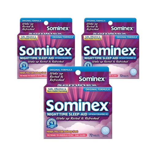[BRSWKZQAC54RO2DM] Sominex Nighttime Sleep-Aid, Maximum Strength Formula, Single Dose, 72 tablets - Pack of 3