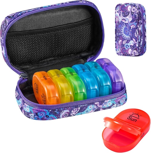 [BRSROZAOBYAQGF3H] Serfeymi Weekly Travel Pill Organizer 2 Times A Day AM PM Upgraded Rainbow Pill Box 7 Day with Portable Zipper Canvas Pill Case, Medicine Organizer for Pills, Vitamins, Fish Oils - Purple 01