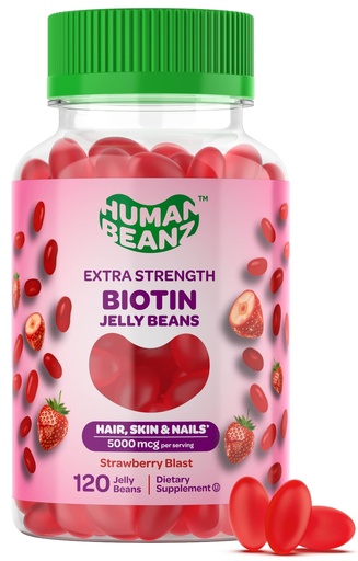 [BRSRMA36BMHBMC3G] Human Beanz Biotin Jelly Bean Gummy Vitamins, Extra Strength Biotin for Hair, Skin and Nails, 5000mcg per Serving, Hair Growth Vitamins for Men and Women, 120 Strawberry Blast Jelly Beans, Kosher
