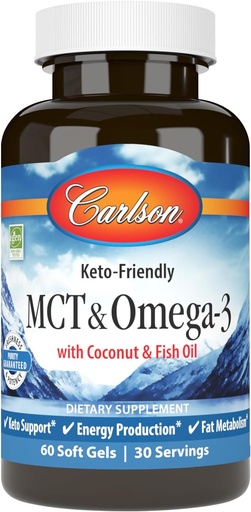 [BRSWECQ3DEJQA2DU] Carlson - MCT & Omega-3, aceite de coco, ácidos capílicos e Capricos, EPA & DHA, produción enerxética, metabolismo de graxa e saúde cerebral, 60 Softgels