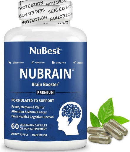[BRSWYY37OEJQ2FDA] NuBrain Booster - Brain Supplement for Brain Booster, Memory, Focus & Clarity Support with St. John’s Wort, Ginkgo Biloba, Bacopa & More - 60 Vegan Capsules | 1 Month Supply
