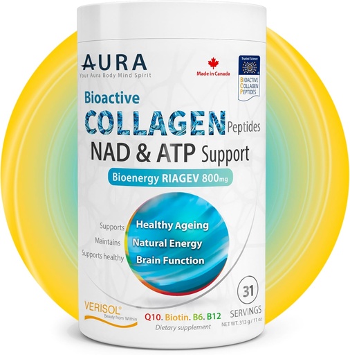 [BRSROAT3DJ5AK3TA] AURA VERISOL ® Bioactive Collagen Peptides ® Powder with Patented NAD + & ATP Boosters, Advanced Cellular Omlazovací systém, Zdravé stárnutí a opravy DNA, Neochucené, Made in Canada, 31 Služeb.