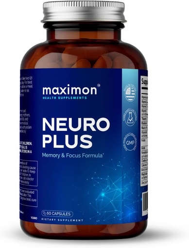 [BRSROCA2AEDQA33Z] Neuro Plus Premium Nootropics, Cognitive Enhancement, Vitamins for Memory & Focus, Mental Clarity with Bacopa Extract, GABA, Huperzine A and DHA, 60 Capsules