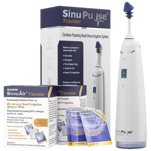 [BRSWIYYGAB6Q2CI5] SinuPulse Traveler with 90 Sinuair Packets - Cordless Pulsating Nasal Irrigation Sinus Rinse System, Space Saving Cleaner & Relief Machine for Travel, More Effective than Neti Pot or Nose Spray Bottle