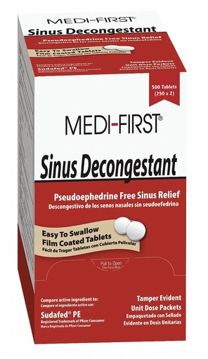 [BRSWIYYLOYDRSHI5] Medique Medi-First 2546 Sinus Decongestant, 100-Packets of 1 | Sinus decongestant tablets in 100 single-tablet packets for first aid cabinets, offices and workplace medicine stations.