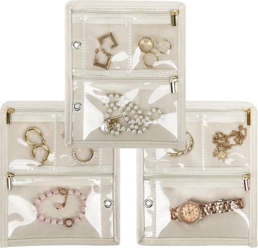 [BRSRAADROINWACTL] Travel Jewelry Organizer Case, Jewelry Bags Jewelry Storage Book Binder with Clear Zipper Velvet Pouch for Traveling,Earrings, Rings, Necklace, Bracelet (Inner Pages,Beige,3 PCS)