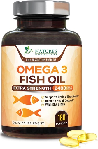 [BRSWKHY5CIAA4CY6] Omega 3 Fish Oil 2400 mg — Triple Strength EPA ' DHA Fatty Acids for Heart, Brain ' Joint Support – Wild-Caught, Burpless, Lemon Flavor supplement – Natural, Non-GMO, Gluten-Free – 180 Softgels