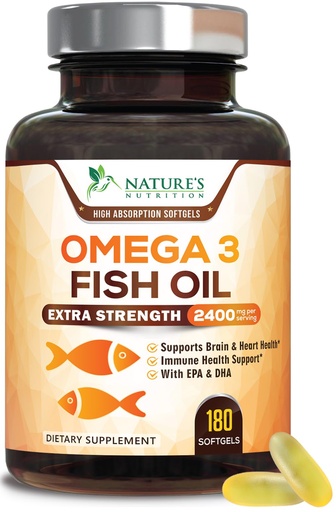 [BRSWKHY5CIAA4CY6] Omega 3 Fish Oil Supplements - 2400mg Fish Oil Per Serving - Triple Strength Omega-3 with EPA & DHA Fatty Acids - Natural Heart, Brain & Immune Support - Wild Caught, Bottled in USA - 180 Softgels