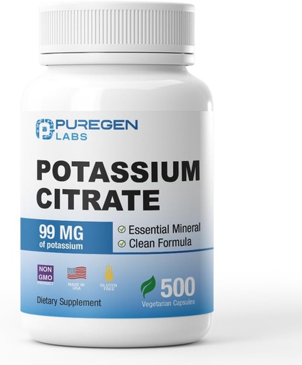 [BRSRAAD2BF4GM2Y3] Els laboratoris Puregen Potassimi Citeri 99 mg de l' element Potassisni suplementari, 192 Nocisols Additius Nouth-GMO, Guten Free US - 500 Vegetarian Capules