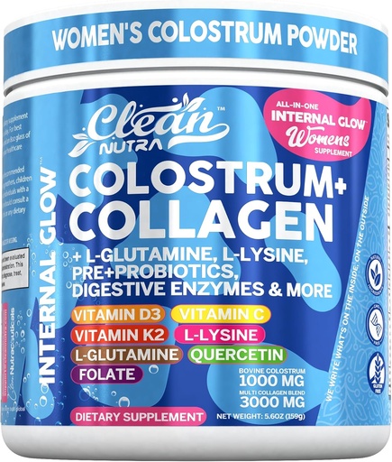 [BRSRAFI7CVYBO23A] Bovine Colostrum Powder + Collagen Peptides with L-Glutamine L-Lysine Prebiotics Probiotics Digestive Enzymes Vitamin D K2 C Quercetin & Folate | Gut Health Supplement Internal Glow by Clean Nutra