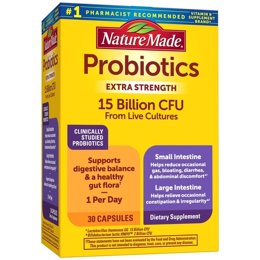 [BRSWGA3QOQFQACA7] Nature Made Probiotics for Digestive Health Extra Strength 15 Billion CFU from Live Cultures, Probiotics for Women and Men, 30 Probiotic Capsules, 30 Day Supply
