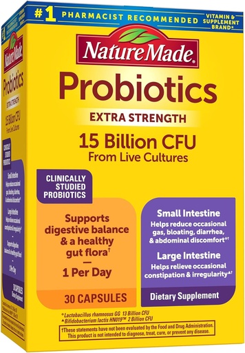 [BRSWGA3QOQFQACA7] Probiotiques faits de la nature pour la santé digestive Extra Strength 15 milliards UFC de cultures vivantes, probiotiques pour les femmes et les hommes, 30 capsules probiotiques, 30 jours d'approvisionnement