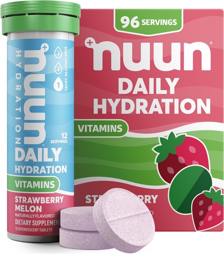 [BRSWKHD3BRYRSC3D] Nuun Vitamins Electrolyte Tablets with Vitamin D, C, E, A, & B6, Folic Acid, Magnesium & 4 Other Essential Electrolytes, Gluten Free & Vegan, Strawberry Melon, 8 Pack (96 Servings Total)