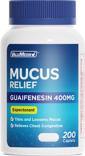 [BRSWGAAQDFYB4HLH] ValuMeds Mucus Relief Guaifenesin 400mg (200 Caplets) | Maximal styrka | Mucus Thinning for Colds, Chest Congestion, Flu, hosta | Expectorant & Decongestant