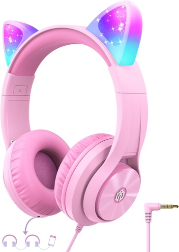 [BRSWGYYNPIBRYETK] iClever Kids Headphones with Cat Ear Led Light Up, Safe Volume Limite, FunShare, Foldable, Over-Ear Headphones for Kids for School/iPad/Tablet/Travel, Meow Donut-Pink
