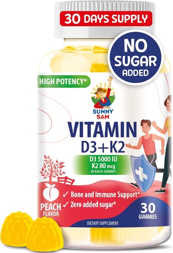 [BRSROAQEOB6RGC3Z] Sugar-Free Vitamin D3 K2 Gummies 5000 IU - Immune & Bone Support Gummies - Vitamin D Gummy Supplement for Adults - High-Absorption, Vegan, Halal, Gluten-Free Chewable Vitamins