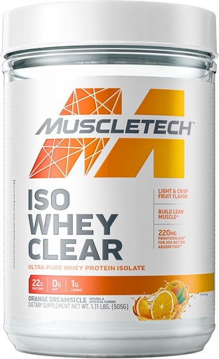 [BRSWYYANBUHB6FDA] MuscleTech Whey Protein Powder Clear Whey Protein Isolate Whey Isolate Protein Powder for Women & Men Clear Protein Drink 22g of Protein, 90 칼로리 오렌지 드림, 1.1lb (19 서빙)